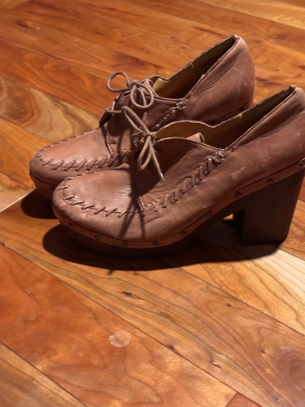 Anthropology Latigo Brown Leather Lace-Up Platform Block Heels - Picture 3 of 8